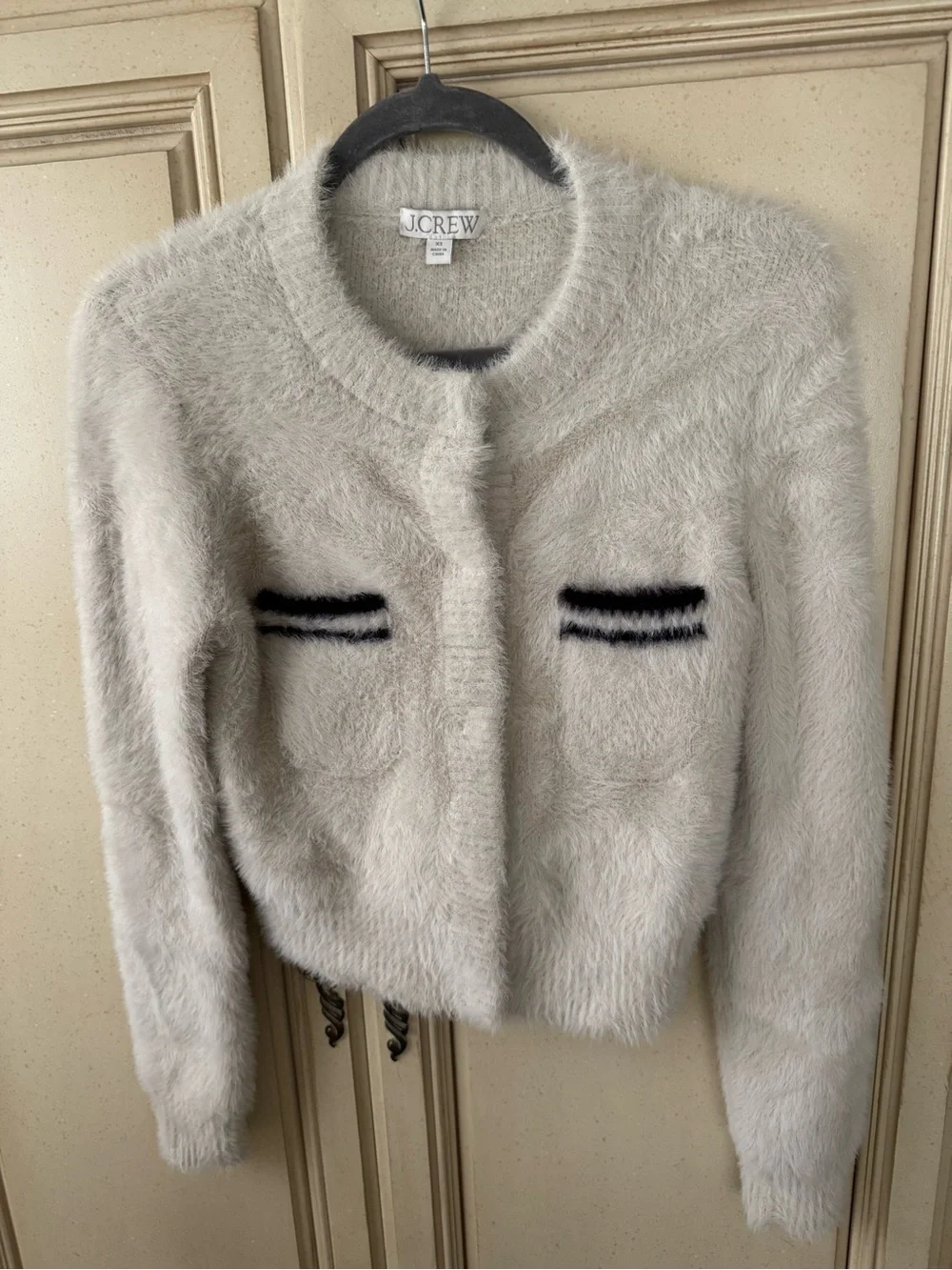 J. Crew Cream Fuzzy Teddy sweater with Black Trim